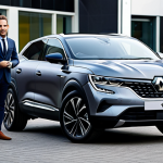 A professional individual, fully clothed in modern business casual attire, stands confidently next to a sleek, dark gray Renault Arkana E-TECH Hybrid. The car's distinctive coupe-like silhouette and sporty C-shaped daytime running lights are prominently featured. The setting is a clean, contemporary urban street with blurred modern architecture in the background, conveying dynamism and style. The overall image captures a vibrant, professional atmosphere. safe for work, appropriate content, fully clothed, professional, perfect anatomy, correct proportions, natural pose, well-formed hands, proper finger count, natural body proportions, professional photography, high quality.