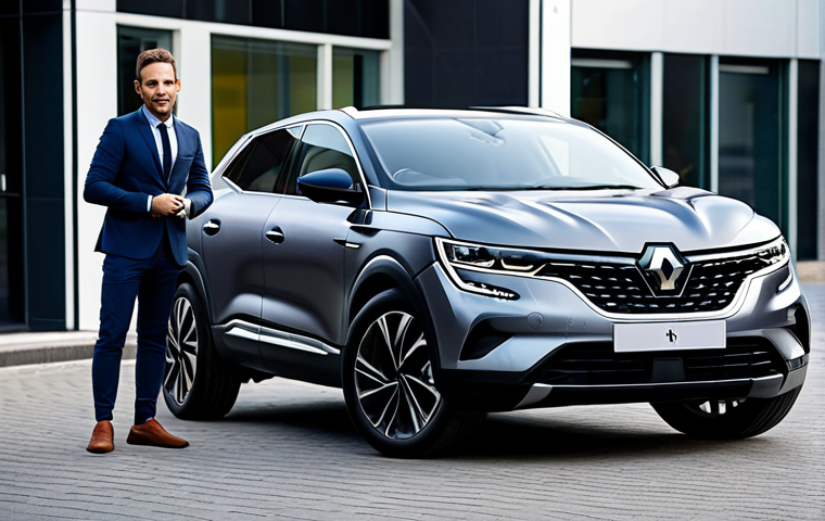 A professional individual, fully clothed in modern business casual attire, stands confidently next to a sleek, dark gray Renault Arkana E-TECH Hybrid. The car's distinctive coupe-like silhouette and sporty C-shaped daytime running lights are prominently featured. The setting is a clean, contemporary urban street with blurred modern architecture in the background, conveying dynamism and style. The overall image captures a vibrant, professional atmosphere. safe for work, appropriate content, fully clothed, professional, perfect anatomy, correct proportions, natural pose, well-formed hands, proper finger count, natural body proportions, professional photography, high quality.