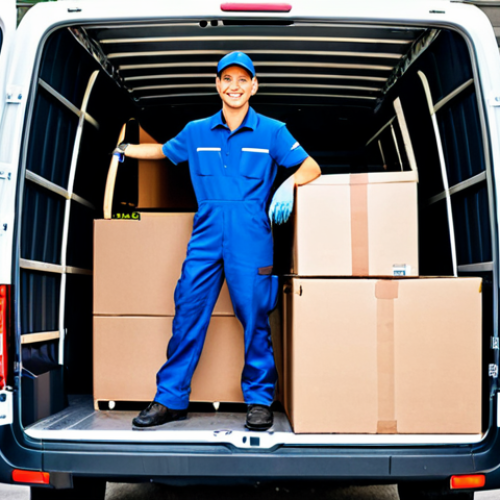 Home 6 A professional delivery driver, fully clothed in a neat uniform, stands confidently beside a spacious Renault Master Van at a bustling loading dock. The driver is expertly loading large, well-packaged furniture items and tall boxes into the van's wide rear opening. The van's interior shows remarkable vertical space, allowing items like refrigerators to stand upright. This scene is captured in a clean, modern industrial loading area with ample natural light. Professional photography, high-resolution, perfect anatomy, correct proportions, well-formed hands, natural body proportions, safe for work, appropriate content, fully clothed, professional dress.