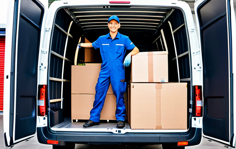 A professional delivery driver, fully clothed in a neat uniform, stands confidently beside a spacious Renault Master Van at a bustling loading dock. The driver is expertly loading large, well-packaged furniture items and tall boxes into the van's wide rear opening. The van's interior shows remarkable vertical space, allowing items like refrigerators to stand upright. This scene is captured in a clean, modern industrial loading area with ample natural light. Professional photography, high-resolution, perfect anatomy, correct proportions, well-formed hands, natural body proportions, safe for work, appropriate content, fully clothed, professional dress.